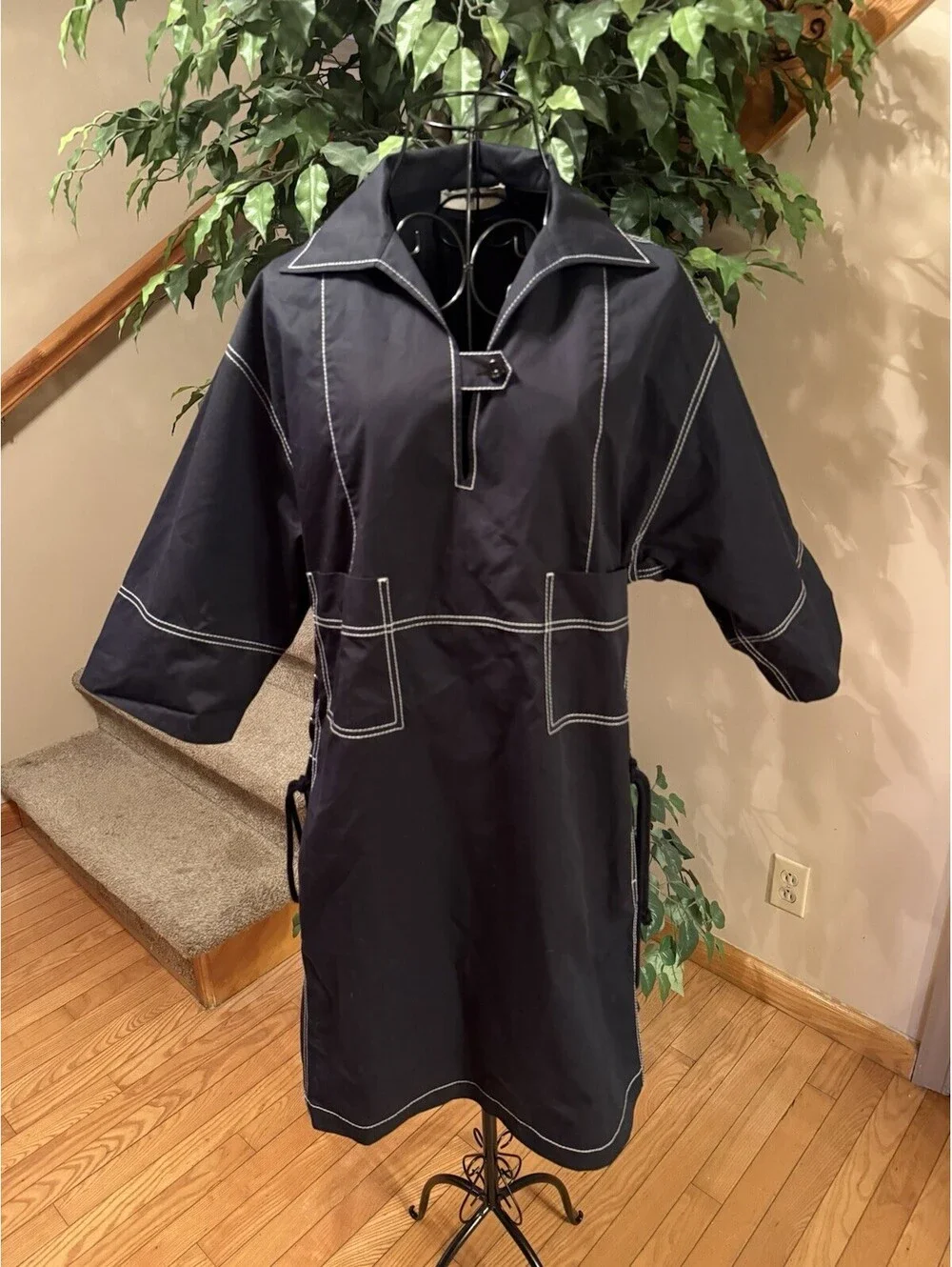 Tory Burch Topstitching Cotton Poplin Tunic Shirt Dress Size 4 Black